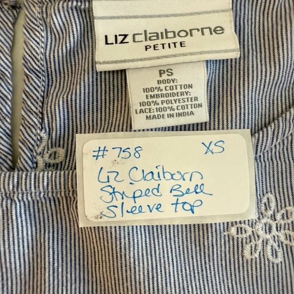Liz Claiborne Light Blue Floral Blouse with Stripes and Bell Sleeves PS - Picture 4 of 7